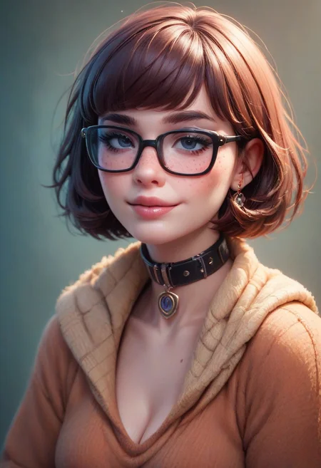 score_9, score_8_up, score_8. score_9, score_8_up, score_7_up, score_6_up, masterpiece, 4k, high quality
vivid colors, Expressive,
1girl, 25 year old beautiful Velma(from scooby doo), thick black lashes, blush, black collar, freckles, sultry look, soft smile, thick glasses, dark brown hair,