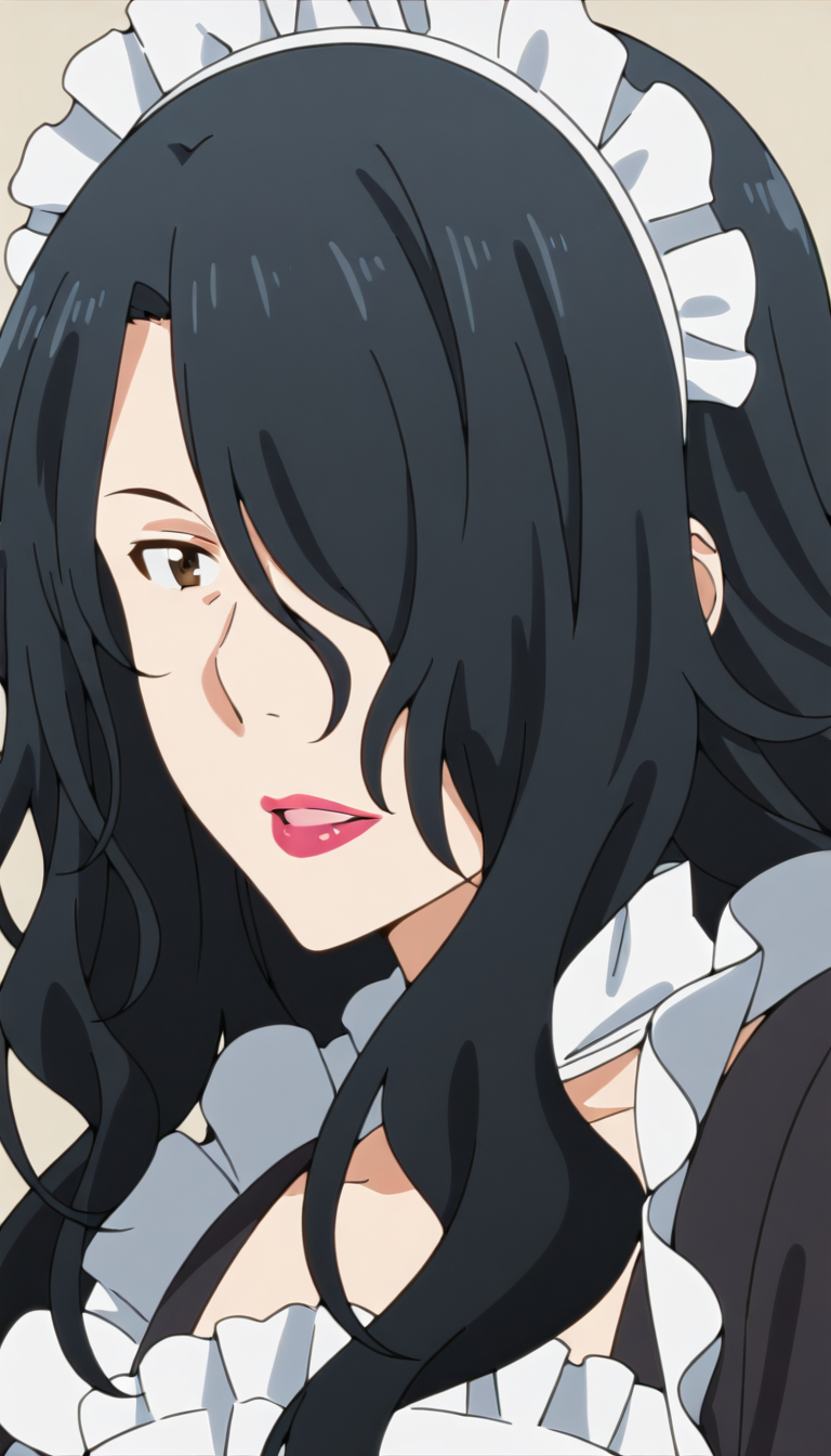 <lora:Takanashi_Shizuka:1>,black hair,long hair,hair over one eye,takanashi shizuka,brown eyes,lipstick,simple background,maid headdress, maid