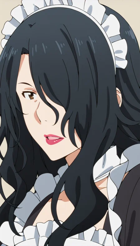 <lora:Takanashi_Shizuka:1>,black hair,long hair,hair over one eye,takanashi shizuka,brown eyes,lipstick,simple background,maid headdress, maid