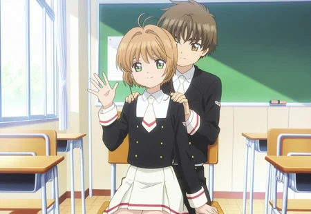 masterpiece, absurdres, highres, (anime screencap:2, anime coloring:2), official art, accurate art style, very aesthetic, flat colors, official screencap, style parody, proper proportions, CCS_Character-Pack, CCS_Clear Card, BREAK, 1girl, sakura kinomoto, brown hair, short hair, bangs, antenna hair, hair intakes, green eyes,  school uniform, black jacket, short necktie, white necktie, white shirt, collared shirt, long sleeves, miniskirt, white skirt, pleated skirt, white socks, black footwear, sitting on a chair, waving, one hand on desk, smiling, BREAK, 1boy, syaoran li, brown hair, short hair, bangs, thick eyebrows, yellowish brown eyes, school uniform, standing, behind another, holding another's shoulders, smiling, BREAK, hetero, couple, looking at viewer, BREAK, detailed background, indoors, classroom, BREAK, cowboy shot, BREAK, vibrant colors, bloom, vignette, cinematic lighting, 75% soft lighting, 25% dark lighting