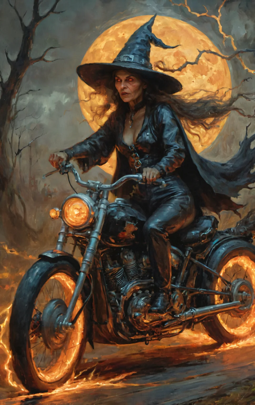 high quality, beautiful, highly detailed, 8k, fantasy, perfect face,side view of a halloween witch with an old devilish face, wearing a pointed witch hat, racing through a thunderstorm on a fast monster motorcycle with (glowing tires:1.2), looks direct at the artist, Beautiful painting of a witch with long flowing hair,stormy, violent flash, illuminates the eerily beautiful forest und halloween pumpkin moon in the backgroundhalloween witch, pointy witch hat, fast monster motorcycle, thunderstorm with violent lightning bolt, (glowing tires:1.3), stormy , . (in the style of Andreas Vesalius),