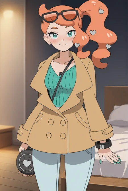 score_9, score_8_up, score_7_up, score_6_up, score_5_up, score_4_up, BREAK source_anime,
<lora:SoniaXL-v2-06:0.8>, ChopioSonia, long hair, orange hair, heart hair ornament, aqua eyes, eyelashes, looking at viewer,
green nails, side ponytail, eyewear on head, sunglasses,
medium breasts, wide hips,
outfit_1, brown coat, partially unbuttoned, buttons, long sleeves, green crop top, ribbed shirt, strap between breasts, black handbag, bracelet, light blue skinny jeans,
bedroom, standing, seductive smile, blush,