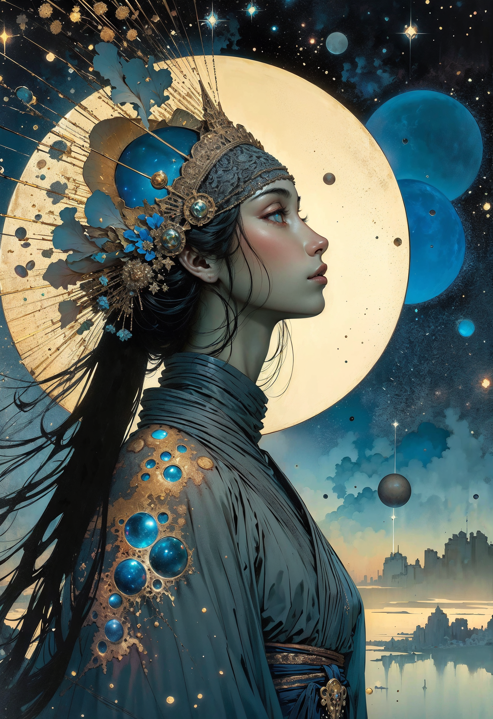 (in Beksinski style:1.4), high-quality, masterpiece, A female celestial figure with a body made of galaxies and stars, wrapped in a nebula that shifts with their every movement, their expression otherworldly and peaceful, illuminated by the soft glow of distant stars. Soft focus with lens flare and deep space composition, set against a cosmic backdrop of swirling star clusters. High dynamic range, (elaborately detailed attire with extraordinary elements and headdress:1.1), art by Takato Yamamoto, (hyperdetailed:1.1), (intricate details:1.0), (Refined details:1.1), (best quality:1.1), (high resolution:1.2)