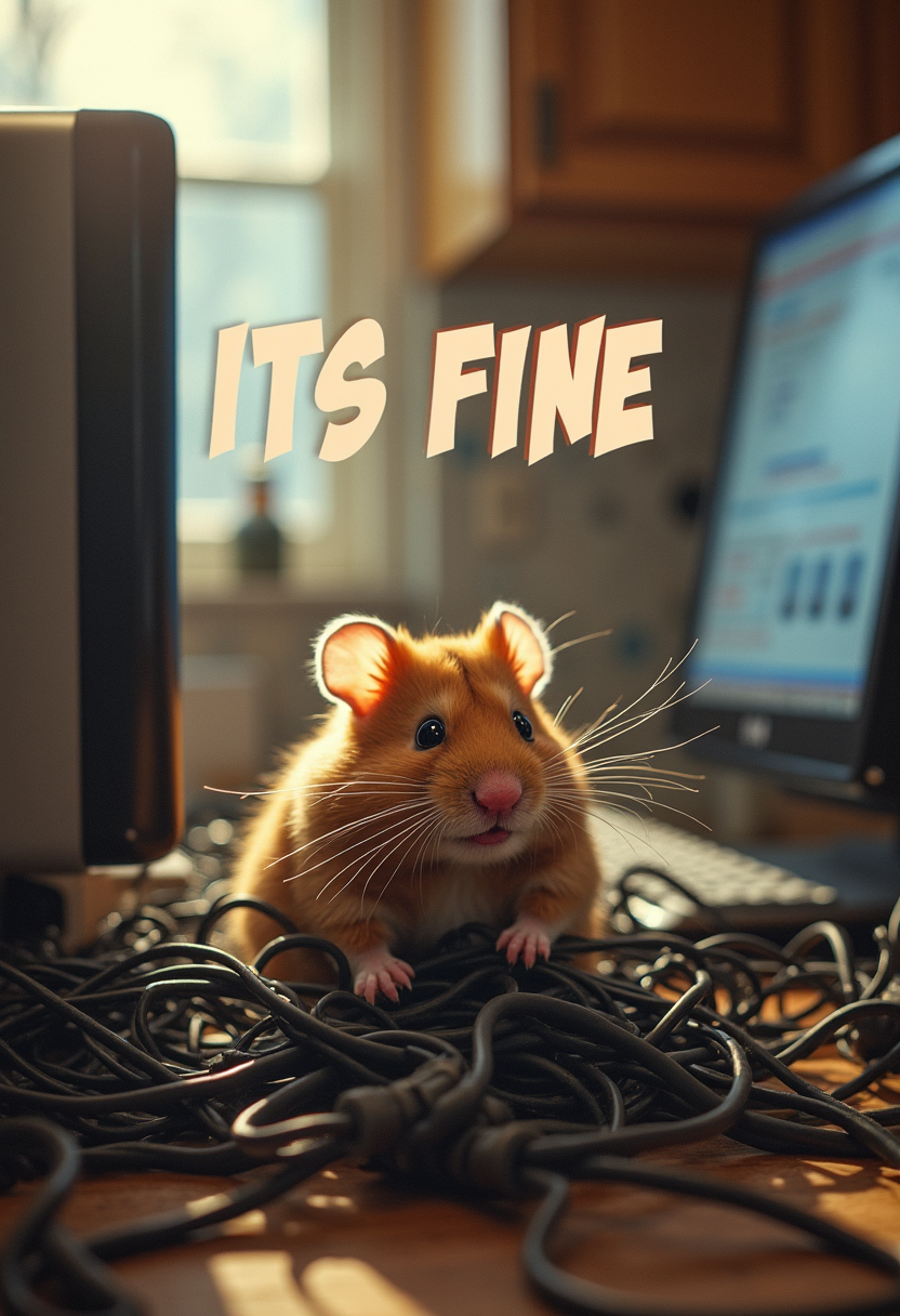 Text written on top of the image in stylised letters: "ITS FINE" A hamster tech stuck in a massive tangle of wires under a computer, comically exaggerated expression, brightly lit kitchen, shot on Olympus OM-1 with Olympus Zuiko 50mm f/1.2 lens, vibrant colors, sharp details, cinematic