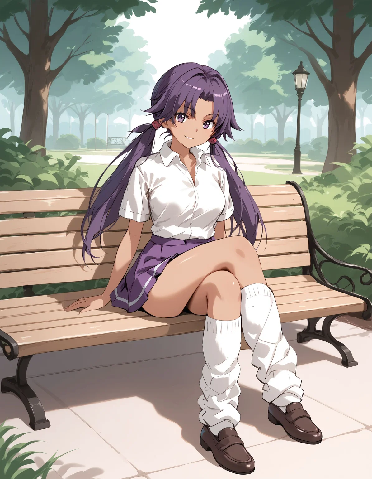 score_9, score_8_up, score_7_up, score_6_up, BREAK source_anime, best quality, masterpiece
1girl,<lora:lass gscPonyXL:0.8>,lass gsc,long hair,twintails,dark skin,white shirt,skirt,loose socks,loafers,full body,sitting,on park bench,grin,looking at viewer,park