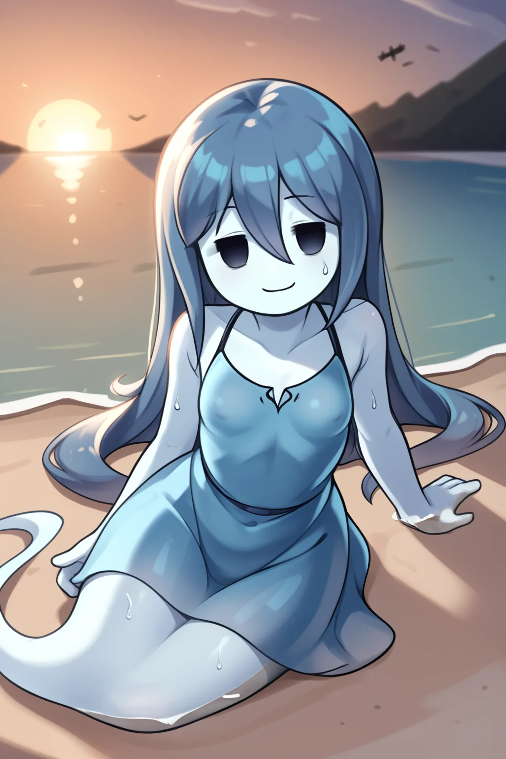score_9, score_8_up, nsfw, score_7_up, <lora:Spooky:0.9> spooky (sjm), ghost girl, solid oval eyes, smile, transparent, colored skin, long blue hair, small breasts, blue dress, solo, sunrise lighting, hot summer day, sweaty, laying on side, sexy, horny eyes, looking at viewer,, beach, sand, ocean, water, moonlight,,