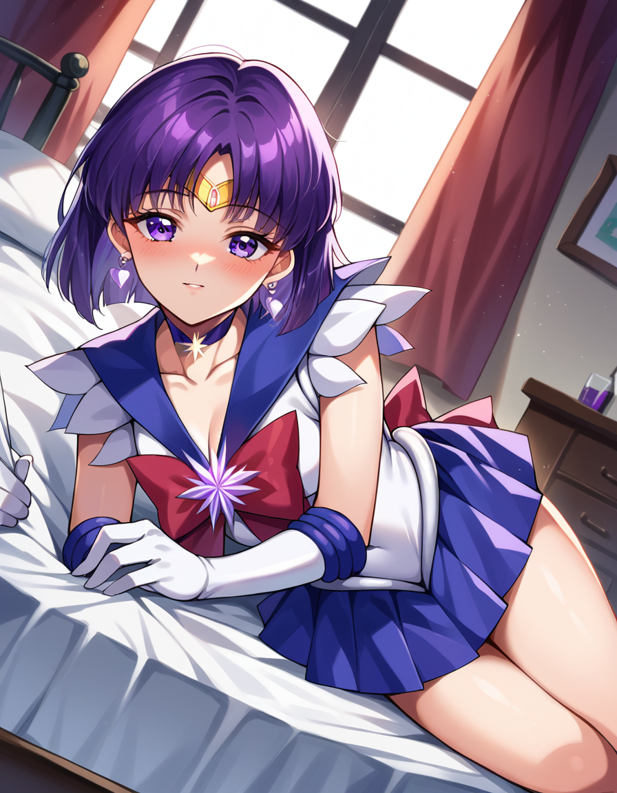 score_9, score_8_up, score_7_up, source_anime,
sailorsaturn, <lora:sailor-saturn-ponyxl-lora-nochekaiser:1>
sailor saturn, purple eyes, short hair, purple hair, circlet,
brooch, choker, earrings, gloves, jewelry, magical girl, miniskirt, purple sailor collar, sailor collar, sailor senshi uniform, skirt, star choker, white gloves,
indoors, bed, bed room, on side, blush, drunk,
looking at viewer, cowboy shot, dutch angle,