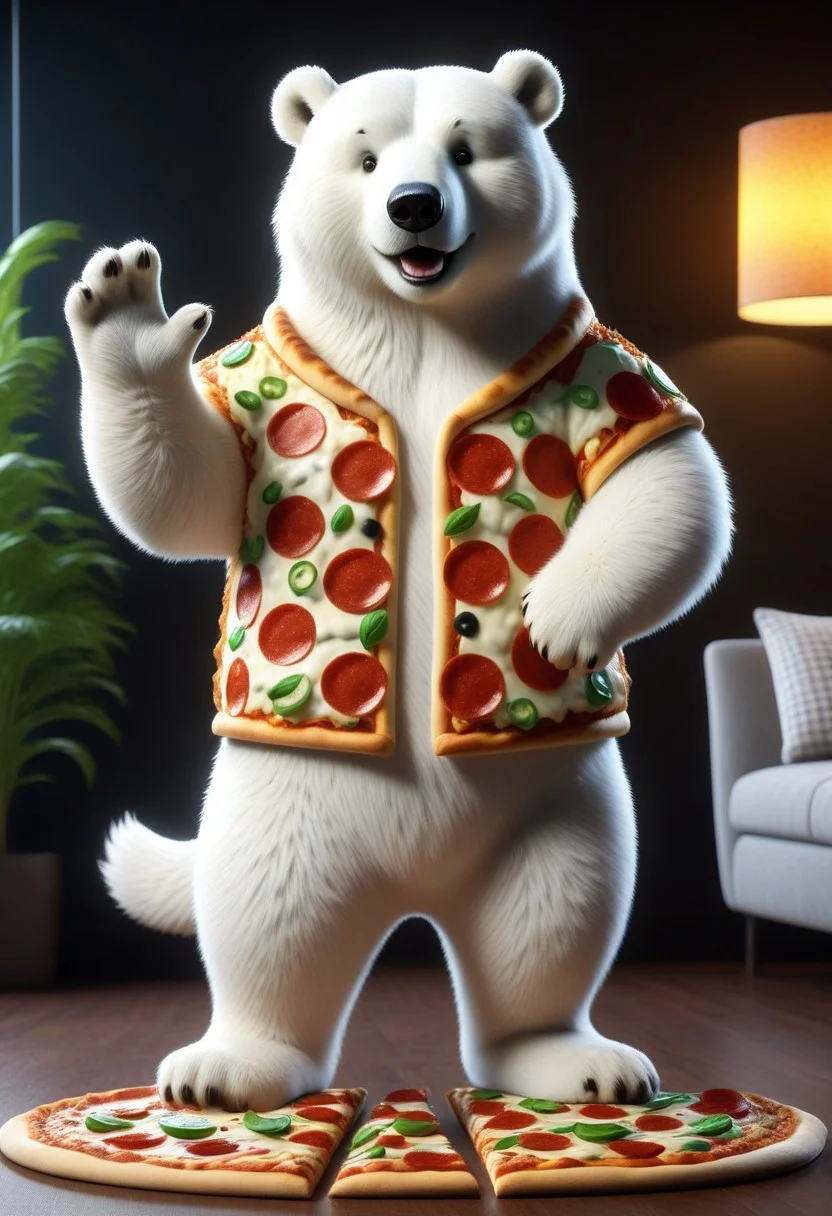 score_9, score_8_up, score_7_up,
barefoot furry character, male focus, full body, dynamic pose, eyecatching composition, detailed background.
Hyperrealistic furry art, pizzasdx
Hyperrealistic furry 3d art, male focus, brawny ice bear ((white fur)), 4 toes, shirt (pizza theme), jacket with pizza motives, pants with pizza motives, barefoot, smile, headphones on ears, pose, living room (modern design, plant), listening rock music, dancing as crazy, Photorealistic, (masterpiece:1.5), concept art, intricate details, highly detailed, photorealistic, octane render, 8k, unreal engine, dynamic pose, best quality, highres, (realistic face:1.1), (hyperrealistic:1.1), ((full_body)), perfect eyes, (((perfect hands))),((dynamic background)), low light
