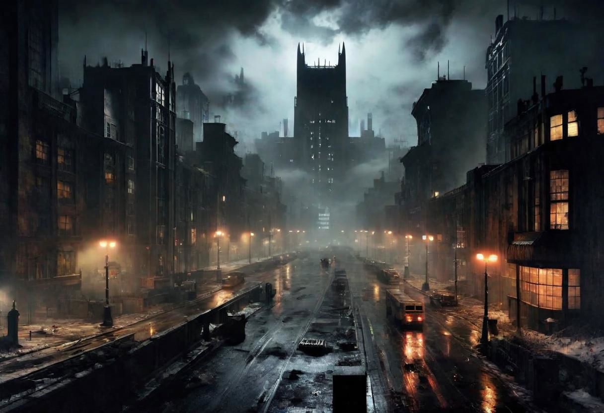 EdobHorrorLandscape,
A landscape of Gotham city at night,
hopeless, nightmare,
fog,
winter,
crimes, muders, gangs,