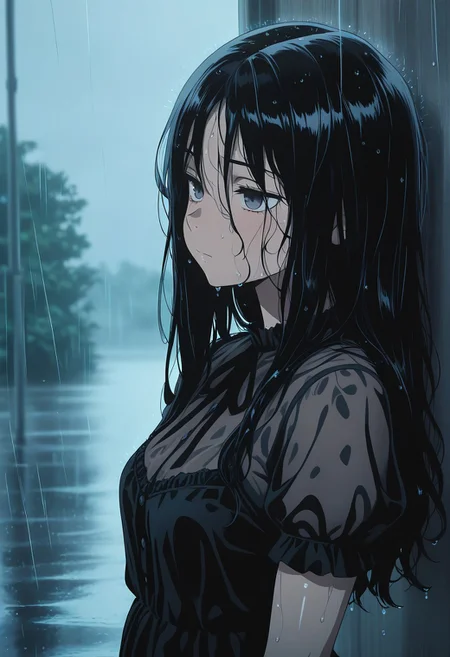 masterpiece, best quality, amazing quality, LDSCH, aesthetic, rain, 1girl, long_hair, outdoors, dress, solo, closed_mouth, upper_body, wet