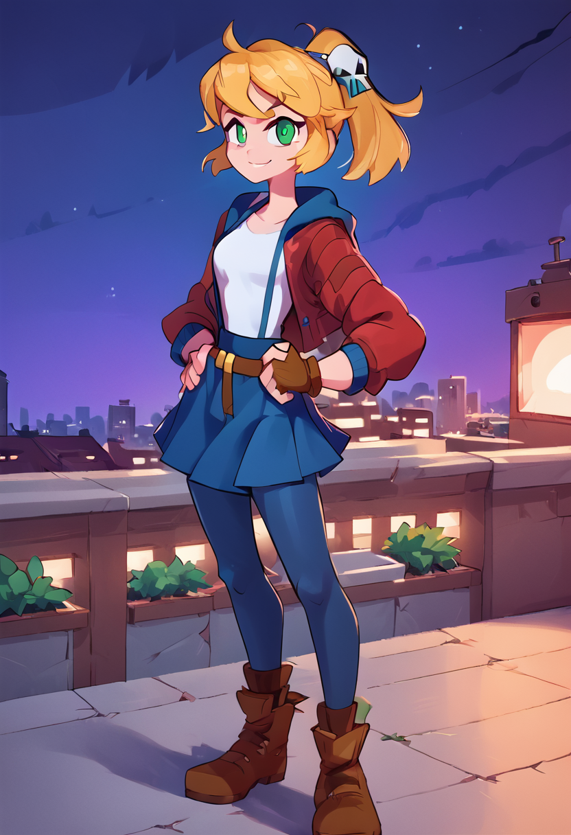score_9, score_8_up, score_7_up, score_6_up, source anime,nsfw, expressive, perfect face, detailed eyes, Cadence_Rift, solo, skirt, blonde hair, shirt, hair ornament (skull), gloves, green eyes, jacket, suspenders, ponytail, pantyhose, boots, open clothes, belt, hood, fingerless gloves, open jacket, blue skirt, brown footwear, red jacket, brown gloves, hand on hips, smile, standing on a roof, night-time, skyline background, <lora:OtherStyle_03:1> <lora:Cadence_Rift_XL-07:1>