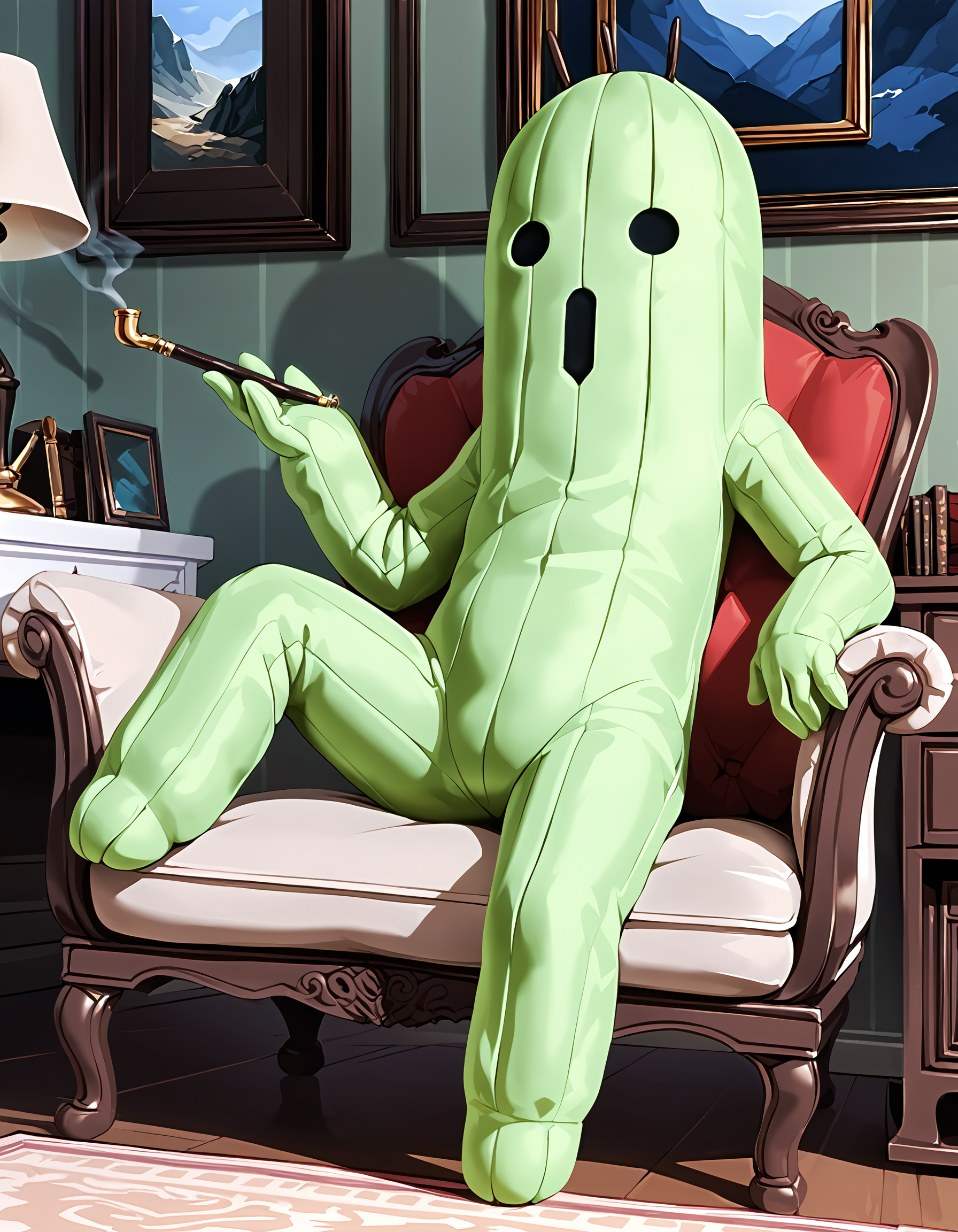 zPDXL3,full_body,living room,chair,1other,<lora:Pony_DetailV2.0:1>,day,
BREAK cactuar,no humans,green skin,<lora:cactuar-pony:1>,sitting,smoking pipe,