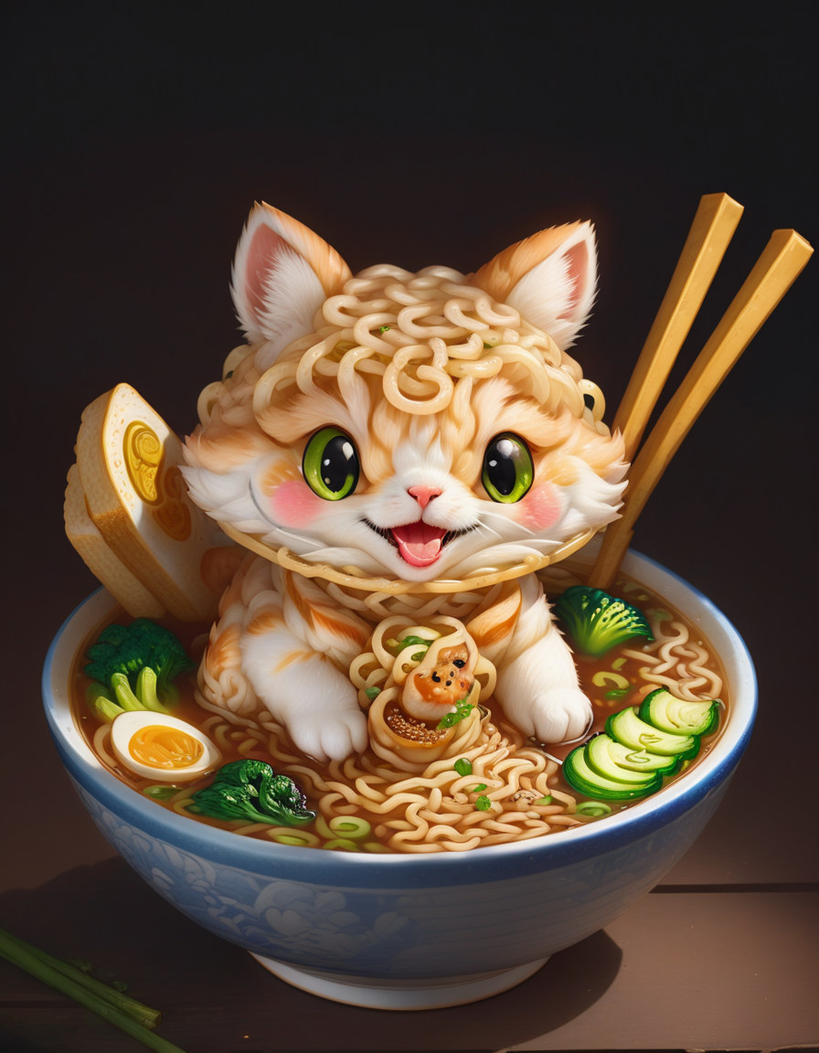 very cute appealing anthropomorphic kitty ramen noodle, kawaii, looking at the viewer, macro, cinematic lighting, fantasy art, dynamic composition, epic realistic, award winning illustration  <lora:FoodPets:1> Foodpets