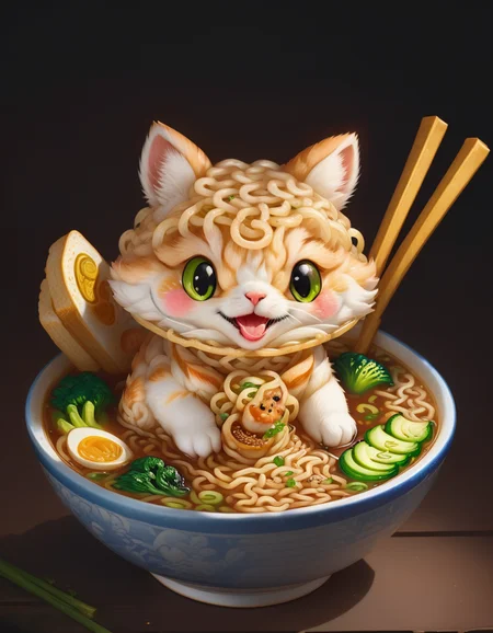 very cute appealing anthropomorphic kitty ramen noodle, kawaii, looking at the viewer, macro, cinematic lighting, fantasy art, dynamic composition, epic realistic, award winning illustration <lora:FoodPets:1> Foodpets