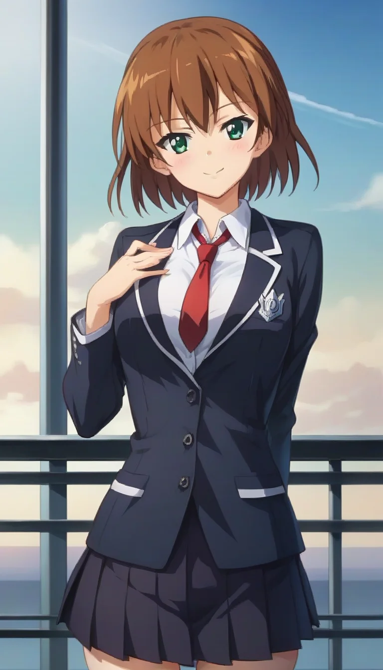 score_9,score_8_up,score_7_up,score_6_up BREAK official art,solo,outdoors,upper body,(portrait:1.5),looking at viewer,facing viewer,smile,blush,Natsume Makino,short hair,brown hair,hair between eyes,bangs,green eyes,school uniform,black jacket,blazer,collared shirt,white shirt,red necktie,medium breasts,skindentation,long sleeves,black skirt,pleated skirt,zettai ryouiki,black thighhighs,loafers,<lora:Natsume Makino(oc2)-Pony:1.6>,