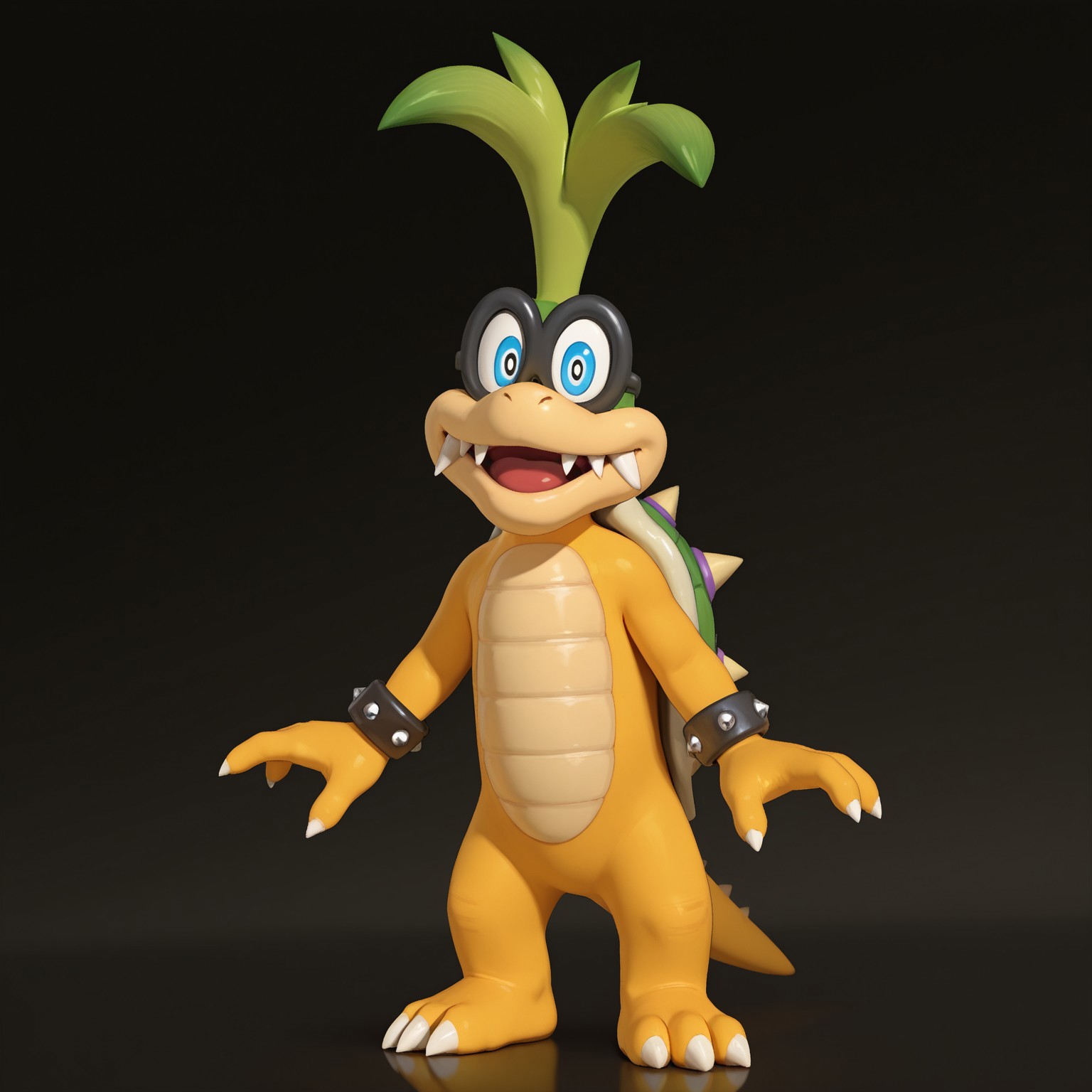 Green hair, male, fangs, shelled, light green spiked shell, tail, spiked bracelets, scalie, yellow skin, green head, glasses, claws, toe claws, 3 toes, black pupils, blue irises

BREAK standing, looking at viewer, open mouth smile