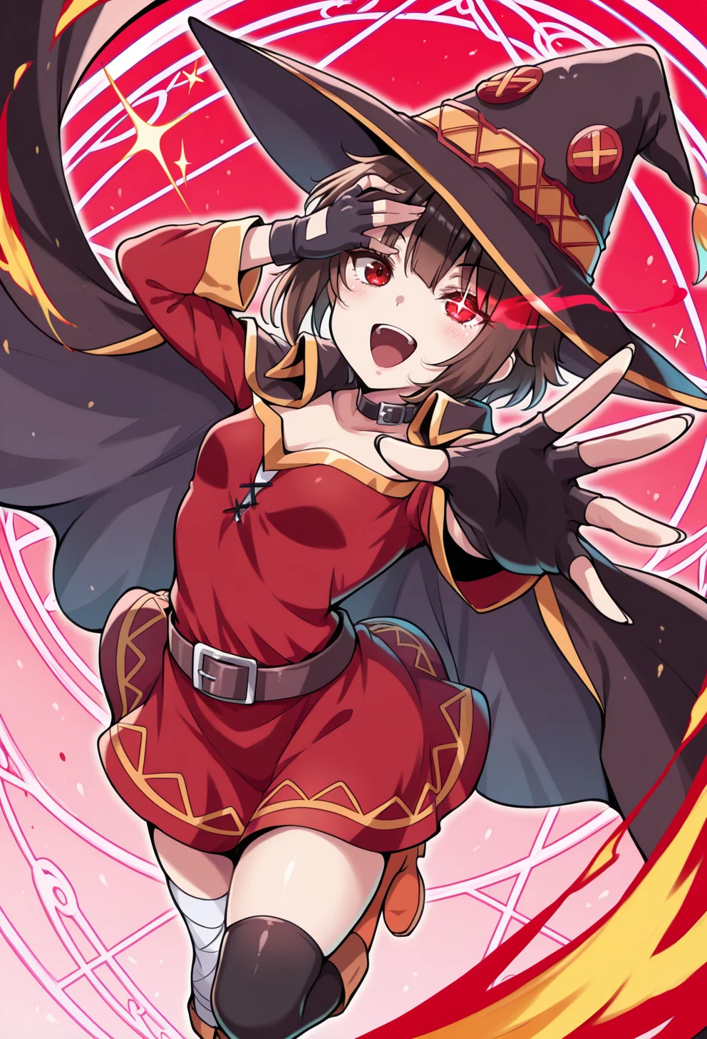 masterpiece, best quality, high quality, anime, <lora:AEMeguminIlx:1> AEMegumindef, red eyes, Brown hair, Belt choker, red dress, off-shoulder dress, Black gloves, fingerless gloves, Belt, mismatched legwear, asymmetrical legwear, bandaged leg, black thighhighs, knee boots, hat, Black cape,chuunibyou, jojo pose, hand over eye, red theme, magic circle,, highly detailed, sparkle, glowing eye, arched back, leaning back, crossed wrists, laughing, reaching towards viewer,  
 magic circle, dynamic pose, outstretched hand, fingernails, wind, dynamic angle, very aesthetic, vibrant, colorful, crazy laugh, casting spell, crazy eyes, crazy, open mouth, eye trail, flaming eye, knee up,