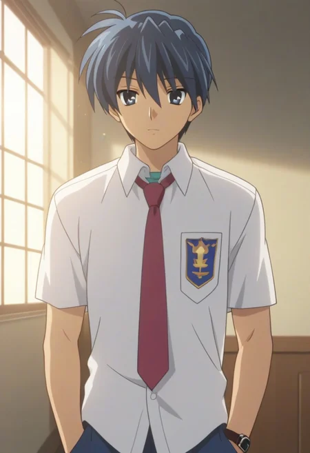 ((masterpiece)), ((best quality)), ((ultra-detailed)), ((absurdres)), score_9_up, score_8_up, score_7_up,
HD, top quality, best quality, amazing quality, High-quality illustrations, anime screencap, source_anime, best aesthetic, perfect proportions, perfect eyes, 1boy, 1male, solo boy, solo male, male focus, solo male focus, Anime, boy, male anime character, anime boy, handsome, cute, charming, sexy, good-looking, Tomoya Okazaki, dark blue hair, dark blue eyes, Uniform2, white collared shirt, blue undershirt, short sleeves, ((left wristwatch)), red necktie, blue pants, ((lean body, tall body)), ((cowboy shot, head to hips shot)), ((front view, front shot, facing front, view from the front)), ((inside house, morning, sun rays)), ((nonchalant expression, relaxed expression)), ((hands inside pocket pose))