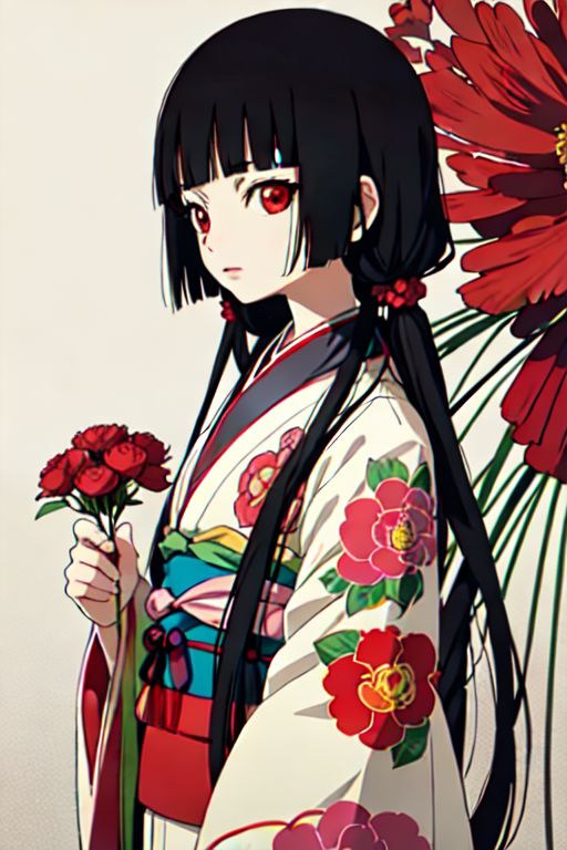 enma ai, hair down, hair black, bangs, eyes red, masterpiece, best quality, ultra-detailed, illustration, 1girl, solo, highres, photorealistic, ultra high res, (Original illustration composition), (fusion of limited color,Maximalism artstyle, kimono obi fashion, double exposure, background, illustration, Amazing, lily spider, night darkness, open one's mouth, finger, bouquet flowers red, low twintails, (polychromatic peony:1.15), Movie poster,