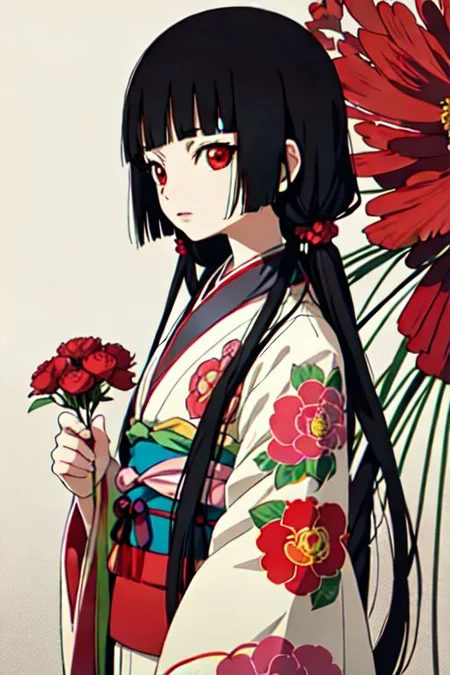 enma ai, hair down, hair black, bangs, eyes red, masterpiece, best quality, ultra-detailed, illustration, 1girl, solo, highres, photorealistic, ultra high res, (Original illustration composition), (fusion of limited color,Maximalism artstyle, kimono obi fashion, double exposure, background, illustration, Amazing, lily spider, night darkness, open one's mouth, finger, bouquet flowers red, low twintails, (polychromatic peony:1.15), Movie poster,