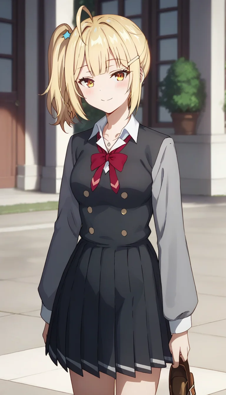 score_9,score_8_up,score_7_up,score_6_up BREAK official art,solo,outdoors,upper body,(portrait:1.5),looking at viewer,facing viewer,smile,blush,Miyamae Nonoa,ahoge,blonde hair,medium hair,side ponytail,star hair ornament,hairclip,sidelocks,blunt bangs,yellow eyes,school uniform,grey jacket,cropped jacket,open jacket,wing collar,red bowtie,black dress,pleated dress,double-breasted,collared shirt,white shirt,medium breasts,long sleeves,white socks,loafers,brown footwear,<lora:Miyamae Nonoa(tsrdta)-Pony:1.4>,