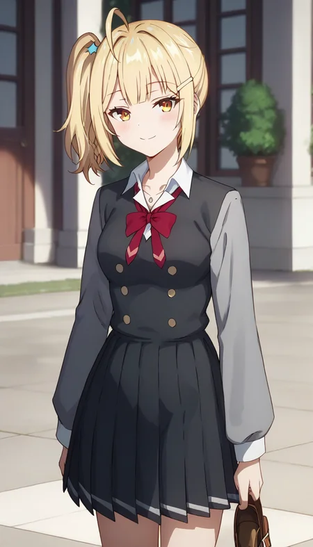 score_9,score_8_up,score_7_up,score_6_up BREAK official art,solo,outdoors,upper body,(portrait:1.5),looking at viewer,facing viewer,smile,blush,Miyamae Nonoa,ahoge,blonde hair,medium hair,side ponytail,star hair ornament,hairclip,sidelocks,blunt bangs,yellow eyes,school uniform,grey jacket,cropped jacket,open jacket,wing collar,red bowtie,black dress,pleated dress,double-breasted,collared shirt,white shirt,medium breasts,long sleeves,white socks,loafers,brown footwear,<lora:Miyamae Nonoa(tsrdta)-Pony:1.4>,