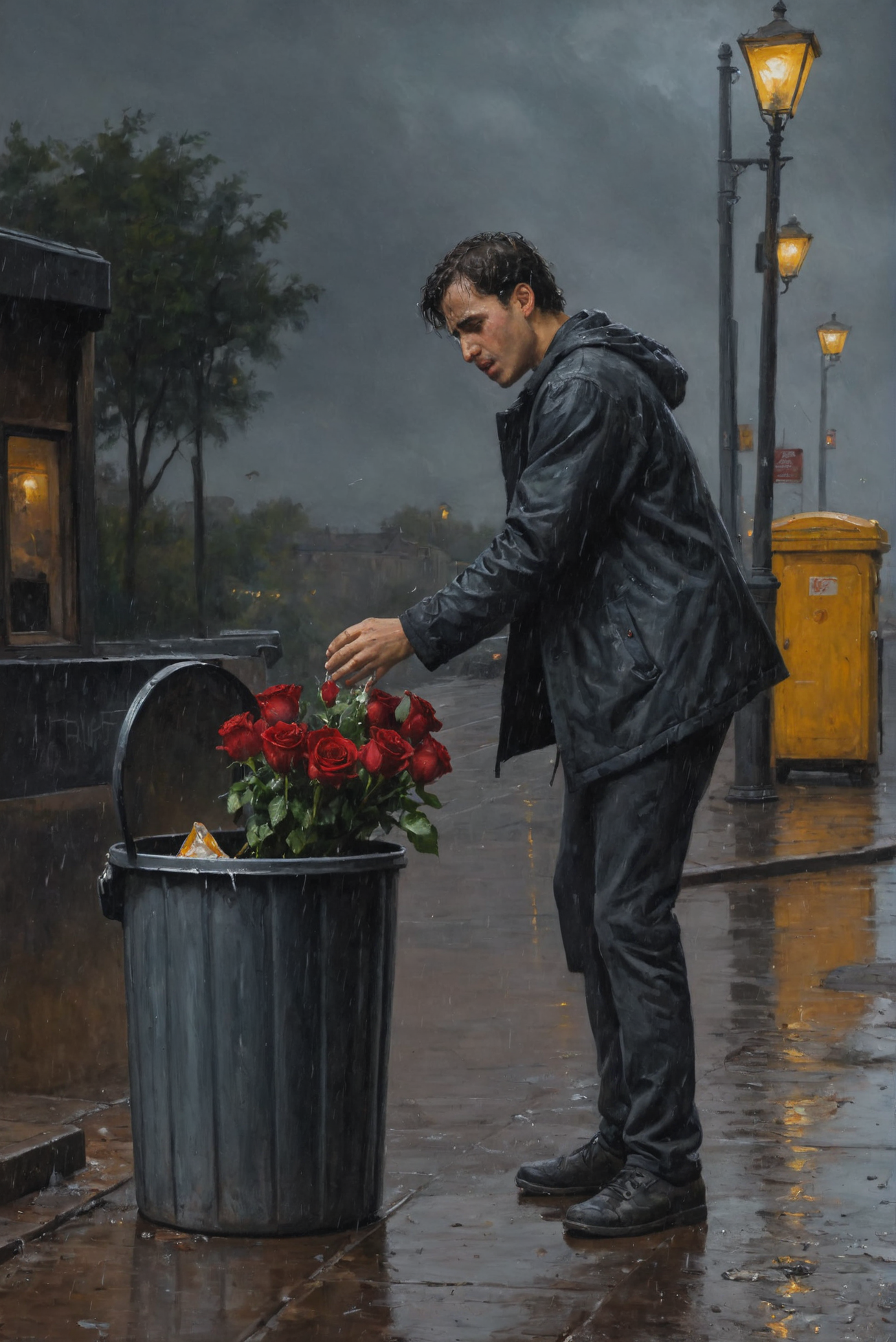 a young man, throws a bouquet into a open trash can, cast, rose,  crying, sad, (bus stop:0.2), 
(in the style of nicola:1.2), (oil painting:0.1), dark theme, (rain:0.5), (thunderstorm:0.5) 
<lora:ClassipeintXL1.9:0.5>  <lora:add-detail-xl:1>  <lora:NicolaSamori:1>, (best quality, 8K, high resolution, extreme detail, HDR, outstanding composition:1.4),
