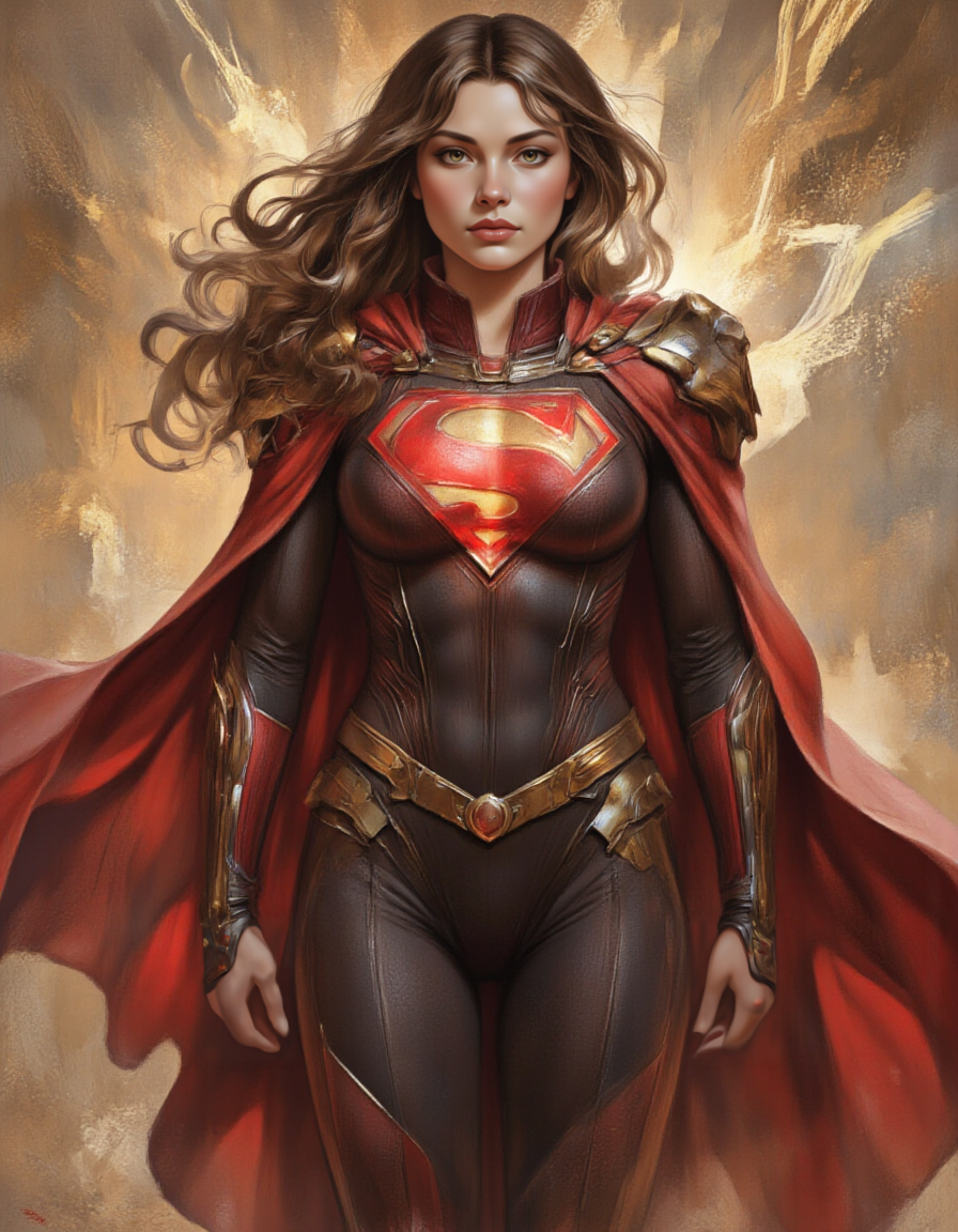 <lora:chizhic:1>, This is a highly detailed digital painting of a superheroine cat, likely inspired by the character Supergirl. The artwork features a young catwoman with long, wavy brown hair that flows freely around her shoulders. Her skin tone is light, and she has a strong, confident expression with a slight hint of determination. She is dressed in a form-fitting suit that combines elements of armor and a superhero uniform. The suit is predominantly red and dark gray with gold accents, featuring a prominent "S" emblem on her chest, which is illuminated with a vibrant red hue. The suit is adorned with intricate, metallic details, giving it a futuristic and armored appearance. A flowing red cape, also intricately detailed with gold threads, trails behind her, adding to the sense of power and majesty., 
The background is a textured blend of warm, earthy tones, primarily brown and beige, with splashes of golden highlights, creating a dynamic and vibrant backdrop that contrasts with the subject. The lighting is carefully placed to highlight her features and the metallic textures of her suit, casting soft shadows that enhance the realism and depth of the image. The overall style is highly realistic with a slight emphasis on hyper-realism, making the artwork visually striking and immersive.