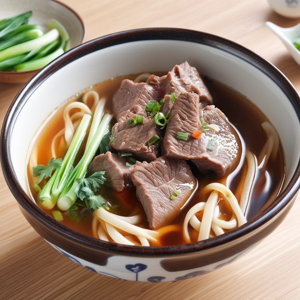 A photorealistic image of a bowl of beef noodle soup, brimming with succulent slices of beef that are cooked to perfection. The broth should be rich and aromatic, perhaps with visible herbs and spices. The noodles should look tender and inviting, submerged in the flavorful broth. Garnishes like green onions or cilantro could add a pop of color. The bowl should be placed on a wooden table, and maybe there's a pair of chopsticks and a spoon neatly placed beside it. The lighting should enhance the steam rising from the hot soup, making it look irresistibly delicious. <lora:beef_noodle:0.75>