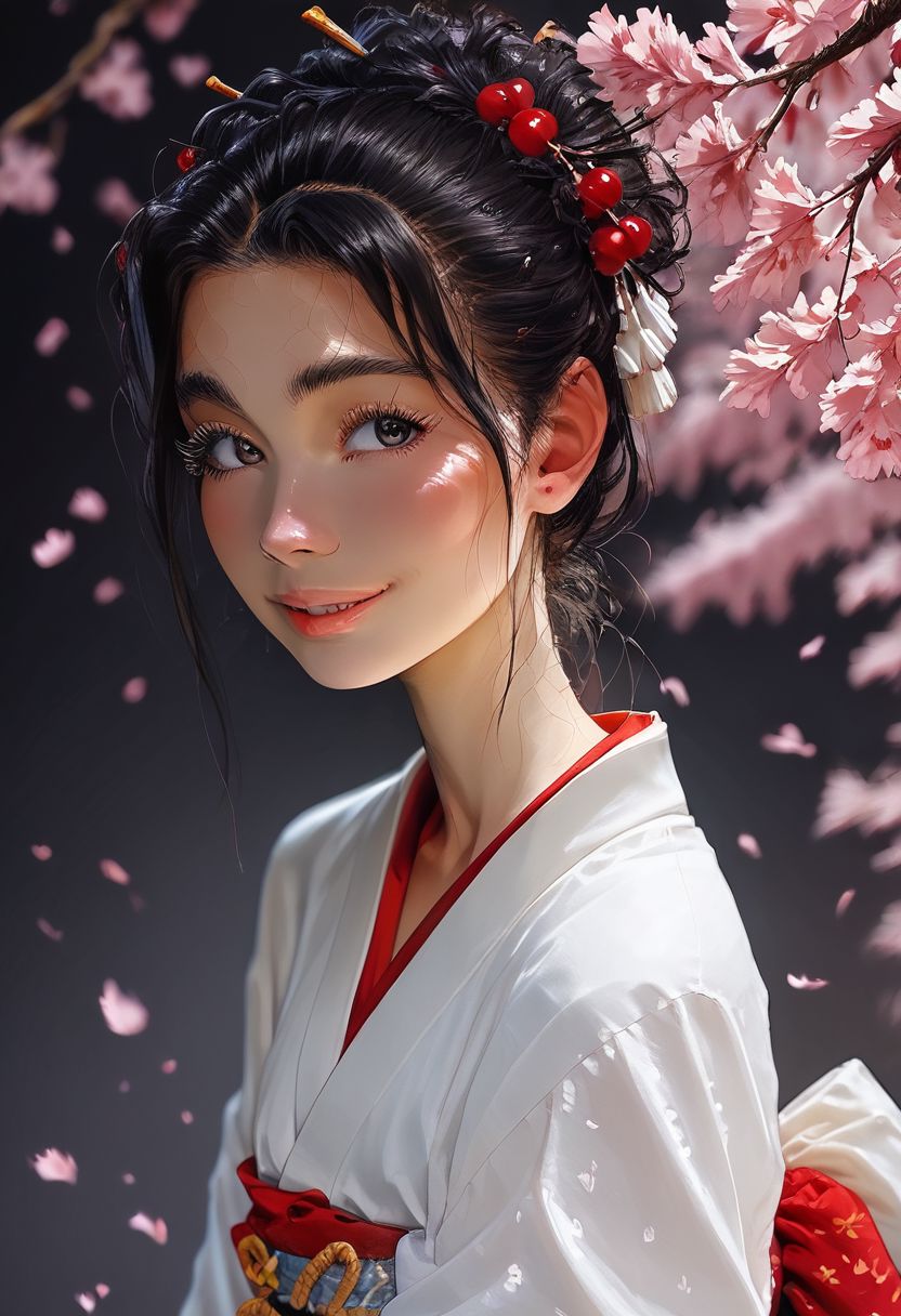 score_9, score_8_up, realistic, photo, highly detailed, fantasy, traditional media, 
/BREAK/ 
solo:1.1, alone:1.1, ((20 year old femboy), Japanese, black hair, feminine face, tall, slim, long face, slim waist, feminine jaws, ((huge eyelashes)), geisha makeup, Japanese kimono, background traditional Japanese home, detailed background, ((geisha make up)), standing, bare feet, exposed feet, dark background, tiny mouth, dark eyes, cherry blossom, bright smile