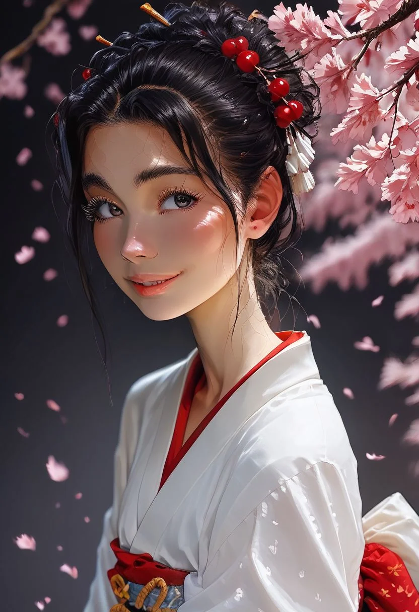 score_9, score_8_up, realistic, photo, highly detailed, fantasy, traditional media, 
/BREAK/ 
solo:1.1, alone:1.1, ((20 year old femboy), Japanese, black hair, feminine face, tall, slim, long face, slim waist, feminine jaws, ((huge eyelashes)), geisha makeup, Japanese kimono, background traditional Japanese home, detailed background, ((geisha make up)), standing, bare feet, exposed feet, dark background, tiny mouth, dark eyes, cherry blossom, bright smile