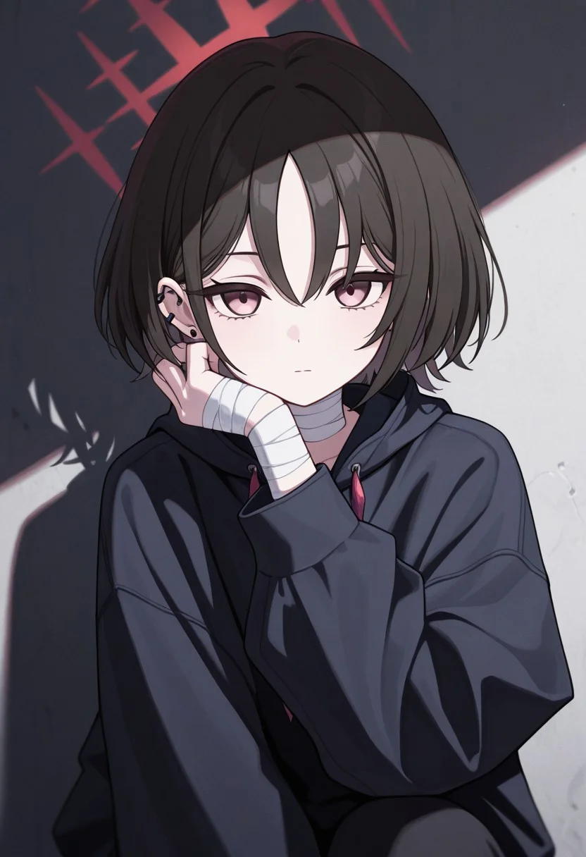 masterpiece, best quality, 32k, high resolution, absurdres, imashino misaki, 1girl, red halo, solo, looking at viewer, long sleeves, closed mouth, ear piercing, earrings, piercing, bandages