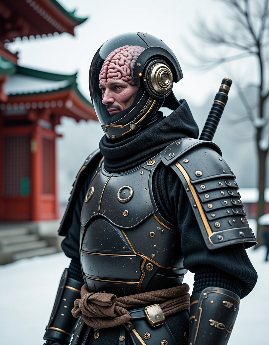 a biopunk style street samurai with a human brain implanted in a mostly mechanical body, adorned with traditional japanese armor that seems to shift and flow like living tissue, standing near a shrine in the middle of winter. The brain is a realistic human brain that can be seen through transparent steel on the sides of the head.    <lora:flux/Realism 2.safetensors:1.0>,  <lora:flux_trainer/moxiePunk_v3.safetensors:1.0>,