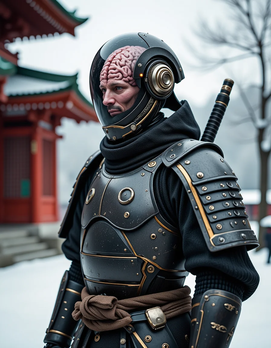 a biopunk style street samurai with a human brain implanted in a mostly mechanical body, adorned with traditional japanese armor that seems to shift and flow like living tissue, standing near a shrine in the middle of winter. The brain is a realistic human brain that can be seen through transparent steel on the sides of the head. <lora:flux/Realism 2.safetensors:1.0>, <lora:flux_trainer/moxiePunk_v3.safetensors:1.0>,