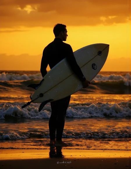 wavefun. A silhouette of a surfer standing on a beach during sunset, holding a surfboard, with the ocean in the background. the image is taken from behind, capturing the silhouette of the surfer in the middle of the frame, who is facing away from the viewer, with his full body visible from the camera. he is wearing a black wetsuit and holding a white surfboard in his right hand. the background is a vibrant orange and yellow hues, with gentle waves crashing onto the shore, creating a beautiful contrast with the warm tones of the sunset. the water droplets on the wet suit add to the sense of movement and energy, making the image feel almost lifelike. a watermark is visible in the bottom right corner of the image, adding a touch of authenticity. <lora:Wind_&_waves_:0.8>