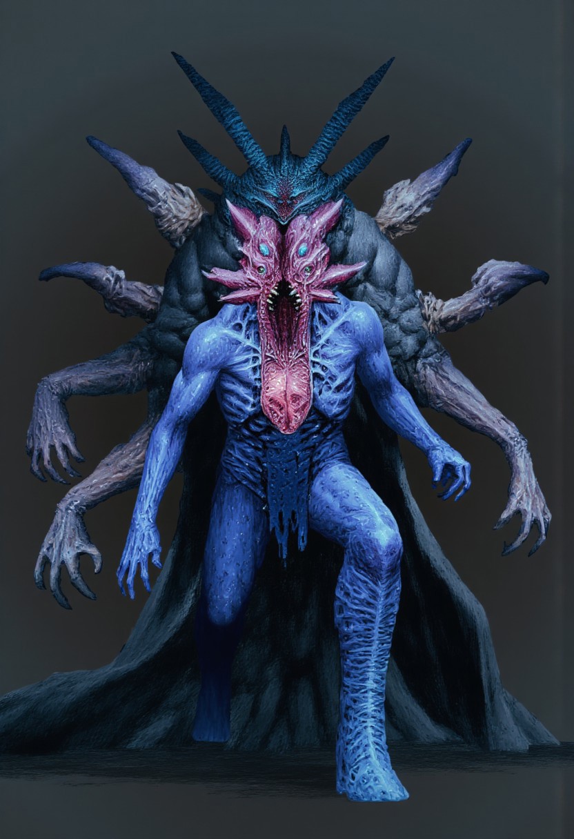 b3rs3rk first person d4concept pov, 3D01S, simple background d4artstyle atmospheric and powerful MikeFranchinastyle dark fantasy, natural organic and first person pov of a berserk style creature
A Tsutomu Nihei Terrifying biomechanical reptilian humanoid with midnight-blue chitinous armor plates, dynamic hunting pose. Vertically-split jaw with exposed pink muscle tissue and razor-sharp teeth, unhinged like a grotesque flower. Multiple compound eyes glowing with predatory intelligence, arranged in an insectoid pattern. Prominent heat-dispersing head crest with intricate vascular patterns in deep blues and purples. Six-fingered hands ending in crystalline-sharp talons, posed in aggressive combat stance. Thick muscular tail for perfect balance, covered in overlapping armored scales. Exposed flesh between armor plates shows alien musculature in pale greyish tones. Battle-ready posture with coiled energy, suggesting imminent attack. Deadly organic weapons emerge from forearms, dripping with bioluminescent fluid. Hyper-detailed texturing on scales and armor, wet organic sheen on exposed tissues. Professional dramatic lighting emphasizing threatening presence, cast shadows heightening menace. Ultra-realistic creature design, 8k resolution, dark sci-fi horror aesthetic, cinematic composition.
UHD letterboxed game trailer frame chromatic aberration dark atmosphere sharp masterpiece with a focus on the character, elden ring style, dark atmosphere, chromatic aberration