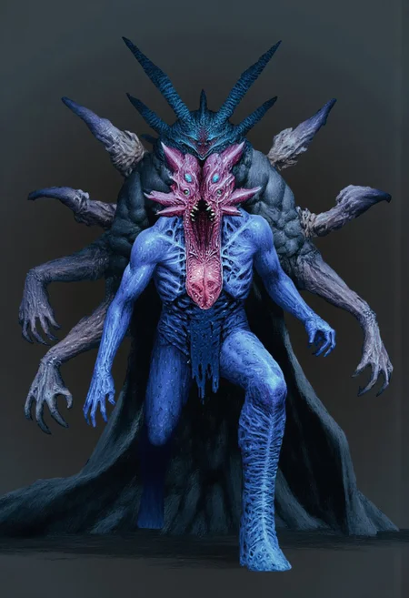 b3rs3rk first person d4concept pov, 3D01S, simple background d4artstyle atmospheric and powerful MikeFranchinastyle dark fantasy, natural organic and first person pov of a berserk style creature
A Tsutomu Nihei Terrifying biomechanical reptilian humanoid with midnight-blue chitinous armor plates, dynamic hunting pose. Vertically-split jaw with exposed pink muscle tissue and razor-sharp teeth, unhinged like a grotesque flower. Multiple compound eyes glowing with predatory intelligence, arranged in an insectoid pattern. Prominent heat-dispersing head crest with intricate vascular patterns in deep blues and purples. Six-fingered hands ending in crystalline-sharp talons, posed in aggressive combat stance. Thick muscular tail for perfect balance, covered in overlapping armored scales. Exposed flesh between armor plates shows alien musculature in pale greyish tones. Battle-ready posture with coiled energy, suggesting imminent attack. Deadly organic weapons emerge from forearms, dripping with bioluminescent fluid. Hyper-detailed texturing on scales and armor, wet organic sheen on exposed tissues. Professional dramatic lighting emphasizing threatening presence, cast shadows heightening menace. Ultra-realistic creature design, 8k resolution, dark sci-fi horror aesthetic, cinematic composition.
UHD letterboxed game trailer frame chromatic aberration dark atmosphere sharp masterpiece with a focus on the character, elden ring style, dark atmosphere, chromatic aberration