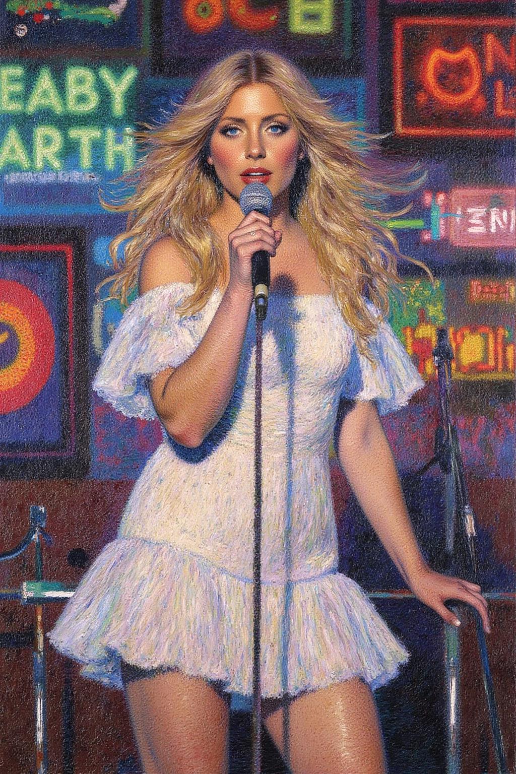 henrimartin1 painting. 
A blonde woman wearing a white, off-the-shoulder, lace-trimmed, mini dress, performing on stage. She holds a microphone, The background features colorful, neon-lit advertisements <lora:henrimartin1_cap_d8a4e12:1.0><lora:851867861763801774:0>