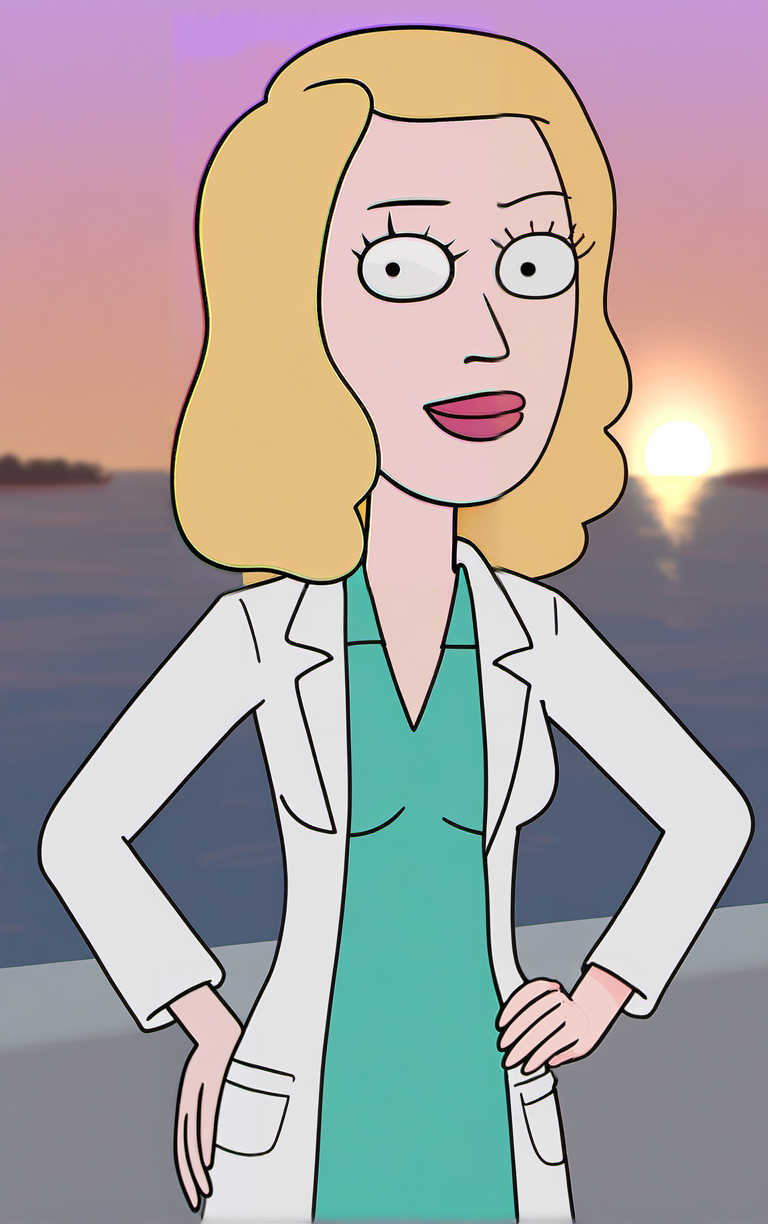 score_9, score_8_up, score_7_up, outdoors, solo, looking at viewer, BREAK 
(contrapposto, hand on hip), 
NurseOutfit_BethSmith_ownwaifu, 
1girl, blonde hair, constricted pupils, black eyes,eyelashes, lipstick, makeup, medium hair, red lips,
labcoat, green shirt, pants, shirt, toon (style),
(contrapposto, hand on hip), sunset, sidelighting, <lora:PONYXL_MOM_BethSmith_ownwaifu:1>,
 depth of field, light particles,