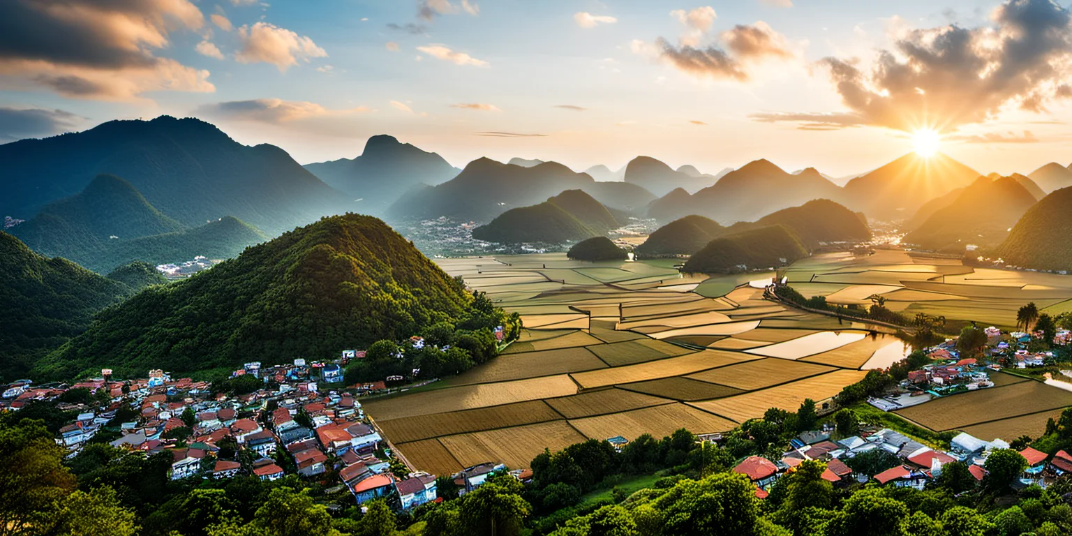 a view of a village and mountains from a hill top in the sun light, realicstic, bacsonvietnam, <lora:bacsonvietnam-000003:1>, (masterpiece,best quality:1.5), ultra realistic,32k,RAW photo,(high detailed skin:1.2), 8k uhd, dslr, soft lighting, high quality, film grain
