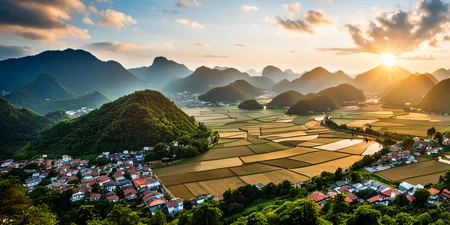 a view of a village and mountains from a hill top in the sun light, realicstic, bacsonvietnam, <lora:bacsonvietnam-000003:1>, (masterpiece,best quality:1.5), ultra realistic,32k,RAW photo,(high detailed skin:1.2), 8k uhd, dslr, soft lighting, high quality, film grain