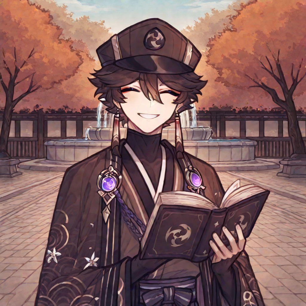 w0lfc0nf, 1 boy, Genshin Impact, male, dark brown hair, human, japanese clothing, hat, closed eyes, earrings, makup around eyes, focused, reading book, smiling, male focus, beautiful background, japanese plaza, fountain, japanese background, sunny day, day time, masterpiece, warm color, vibrant, general view, perfect quality, best quality, detailed, cool composition, newest, very aesthetic, detailed