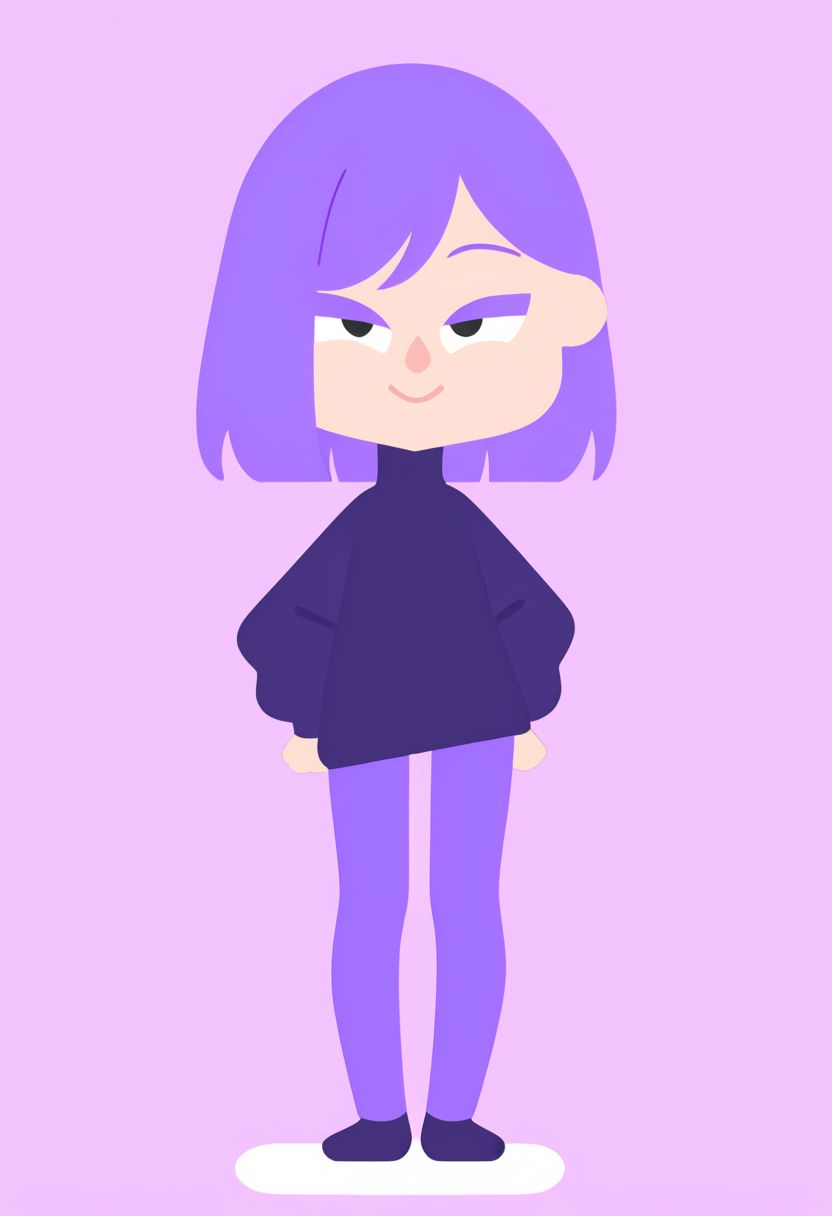 Lily, LilyDuolingo, girl, light purple hair, hair over one eye, purple nails, thin body, petite, purple sweater, purple leggings, FLAT COLOR, ass
SIMPLE BACKGROUND, 
MINIMALISTIC,
VECTOR ART,
CLEAN LINES,
ILLUSTRATION,
GRAPHIC DESIGN,
VECTOR GRAPHICS