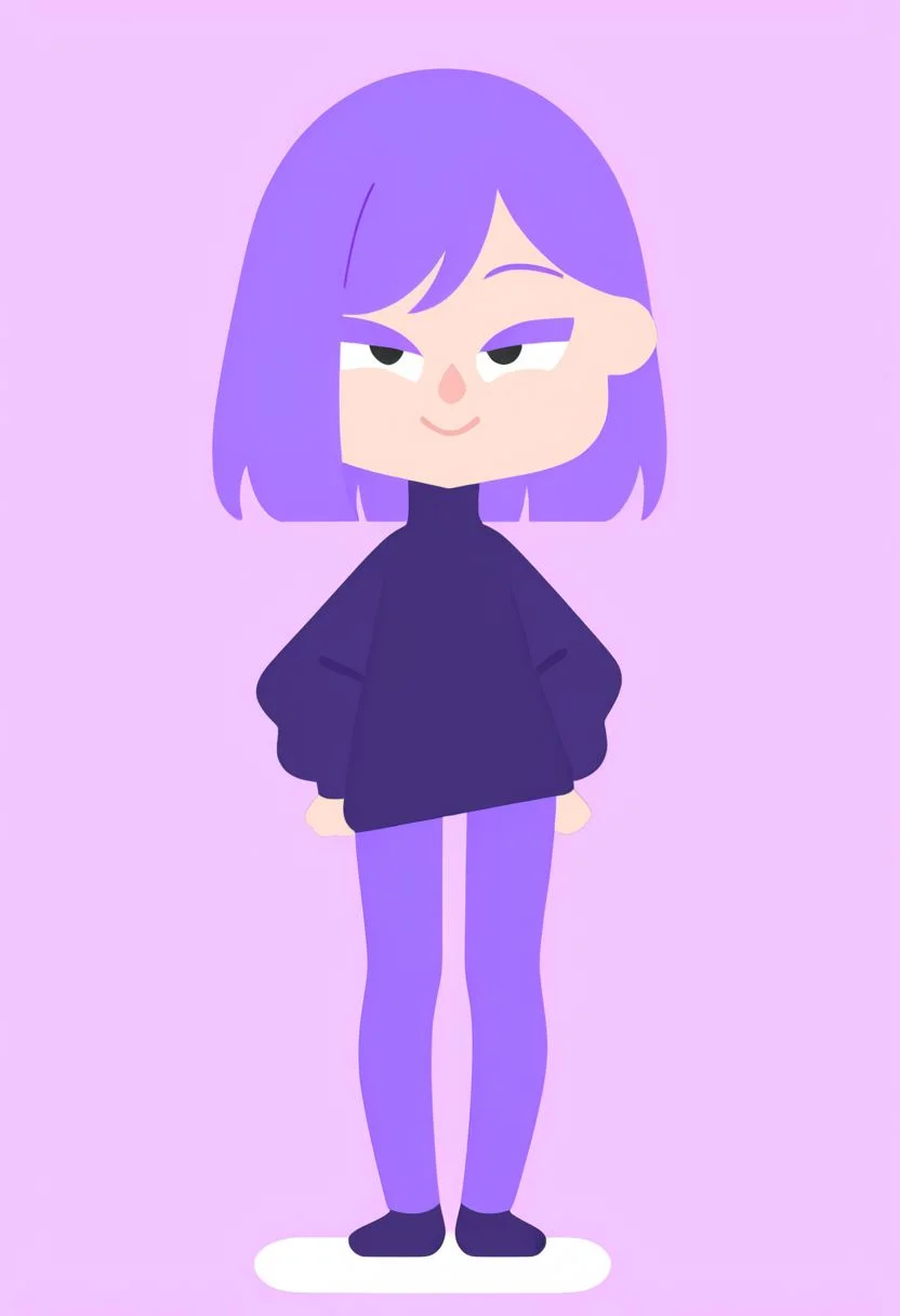 Lily, LilyDuolingo, girl, light purple hair, hair over one eye, purple nails, thin body, petite, purple sweater, purple leggings, FLAT COLOR, ass
SIMPLE BACKGROUND,
MINIMALISTIC,
VECTOR ART,
CLEAN LINES,
ILLUSTRATION,
GRAPHIC DESIGN,
VECTOR GRAPHICS