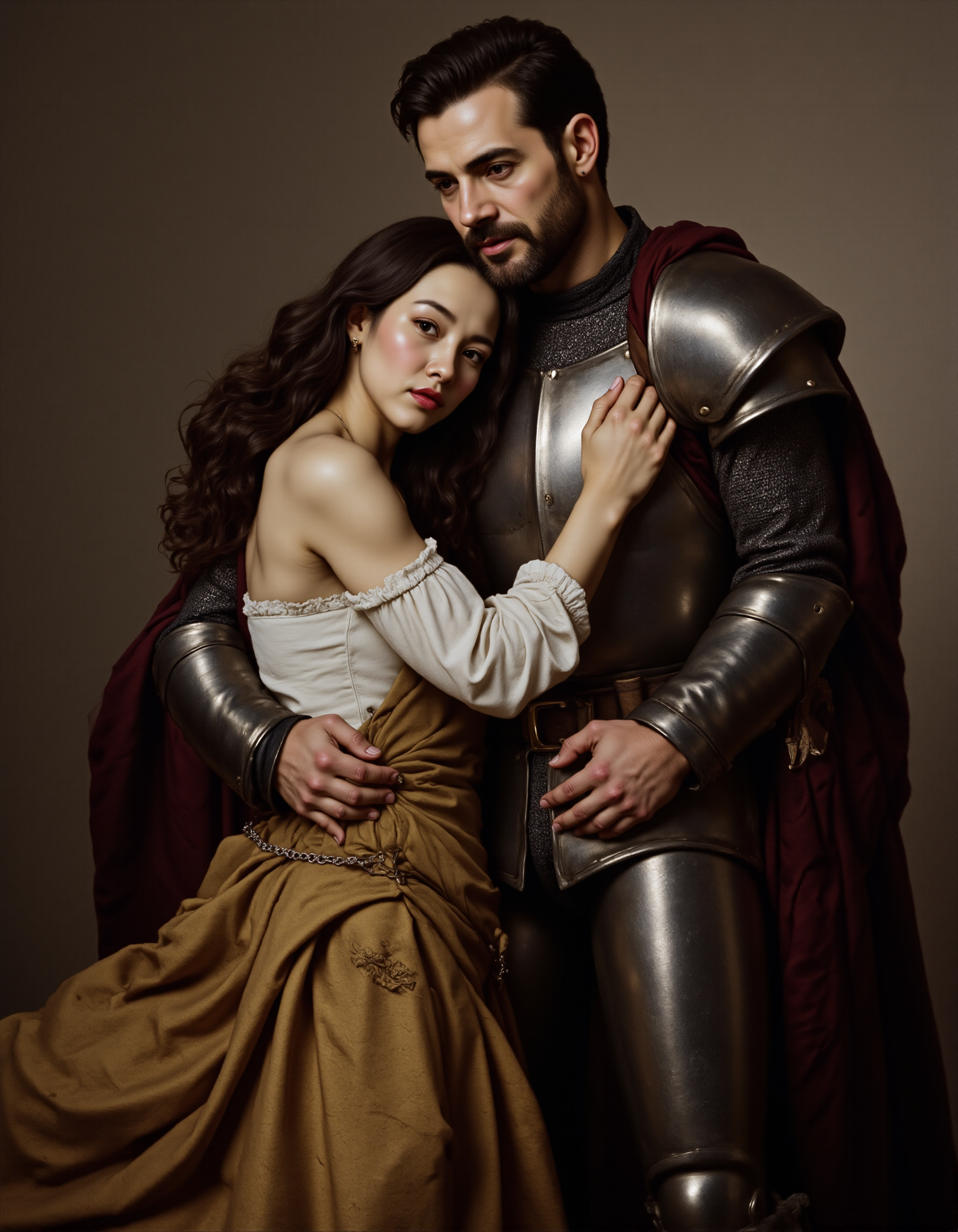 <lora:detailed style v1:0.5> , <lora:perfection style v1:0.3>, <lora:AntiBlur:3>, <lora:Style_of_Roberto_Ferri (Civitai):1>, 19th-century Victorian oil painting by Robero Ferri
a valiant knight in medieval armor with short hair and full beard, embracing a shorter woman dressed as medieval royalty
