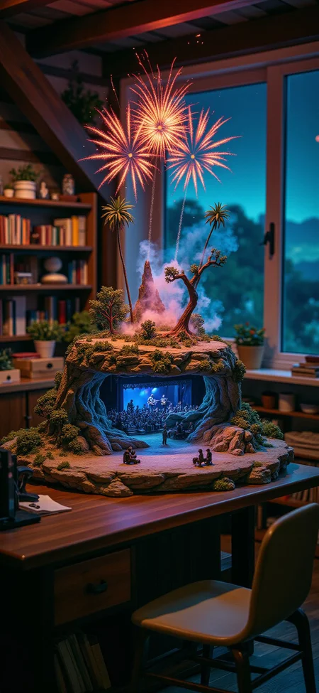 (indoor,very wide isometric view,tilt-shift lens:1.6), (windowless,fna_style,miniature,miniature,diorama,miniature,diorama,PVC,plastic:2),starry night desert,forest,led with fiber lights,fireworks,concert with crowded at (floating island,levitating island:1.5) on (table:2) at (attic:2.5) <lora:Diorama_Flux:1>
<lora:Fantasy_Novel_Art_Style:1>