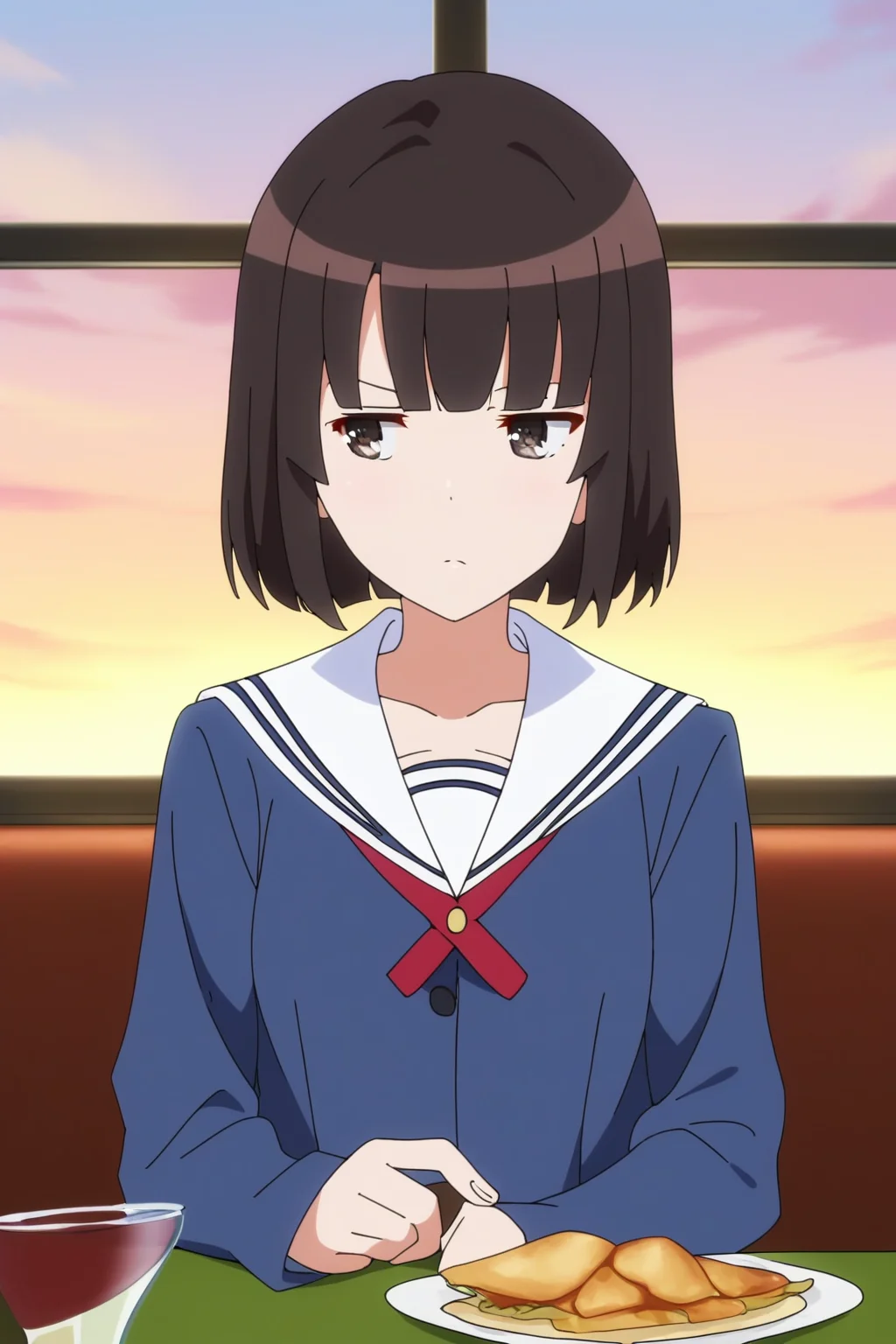 ,,,masterpiece,best quality,highres,4k,8k,intricate detail,cinematic lighting,perfect_eyes,High face detail,rating_explicit,high resolution,detailed eyes,
(score_7_up), source_anime,anime coloring,anime,(anime screencap),,zPDXL,
,,detailed background,, day,indoor,restaurant, window,
, ,upper body, unamused, sitting, sitting_on_booth, looking away, The girl is sitting across the table, pov,
F:, F:, long sleeves, blue sailor, blue serafuku,, red bowtie, blue sleeves,pleated skirt, miniskirt, blue skirt,, collarbone, white sailor's collar, black pantyhose,
,,,,, katou megumi, 1girl, solo, bangs, short hair, brown hair, brown eyes, black hair, , blunt bangs, black eyes, bob cut,
, , <lora:katou_megumi_PonyXL_v1:0.9>