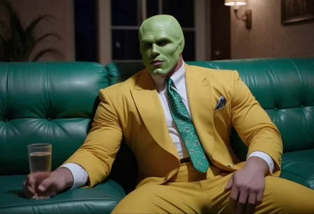 An extremely muscular massive hot sexy man with a green head and a beautiful sexy green model face wearing a yellow suit lying on a couch at night