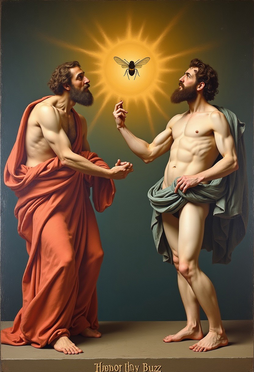 Sistine Chapel ceiling. The Creation of Adam. Between both clothed figures is a Small yellow Buzz. Text at bottom of picture reads: "Honor thy Buzz"