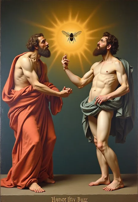 Sistine Chapel ceiling. The Creation of Adam. Between both clothed figures is a Small yellow Buzz. Text at bottom of picture reads: "Honor thy Buzz"
